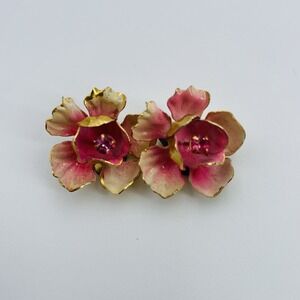 Vintage Austrian Goldtone Enamel Flower Clip On Earrings Pink Rose  AUSTRIA